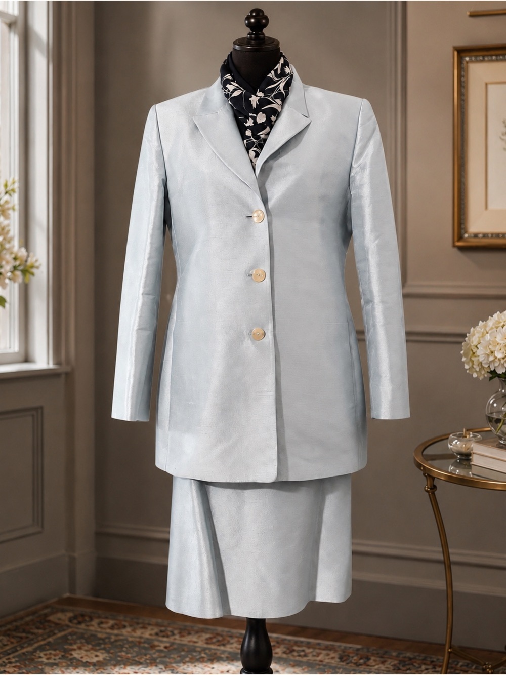 Linda Allard Ellen Tracy powder blue 100% silk jacket SZ6 SRT. SZ10 versatile